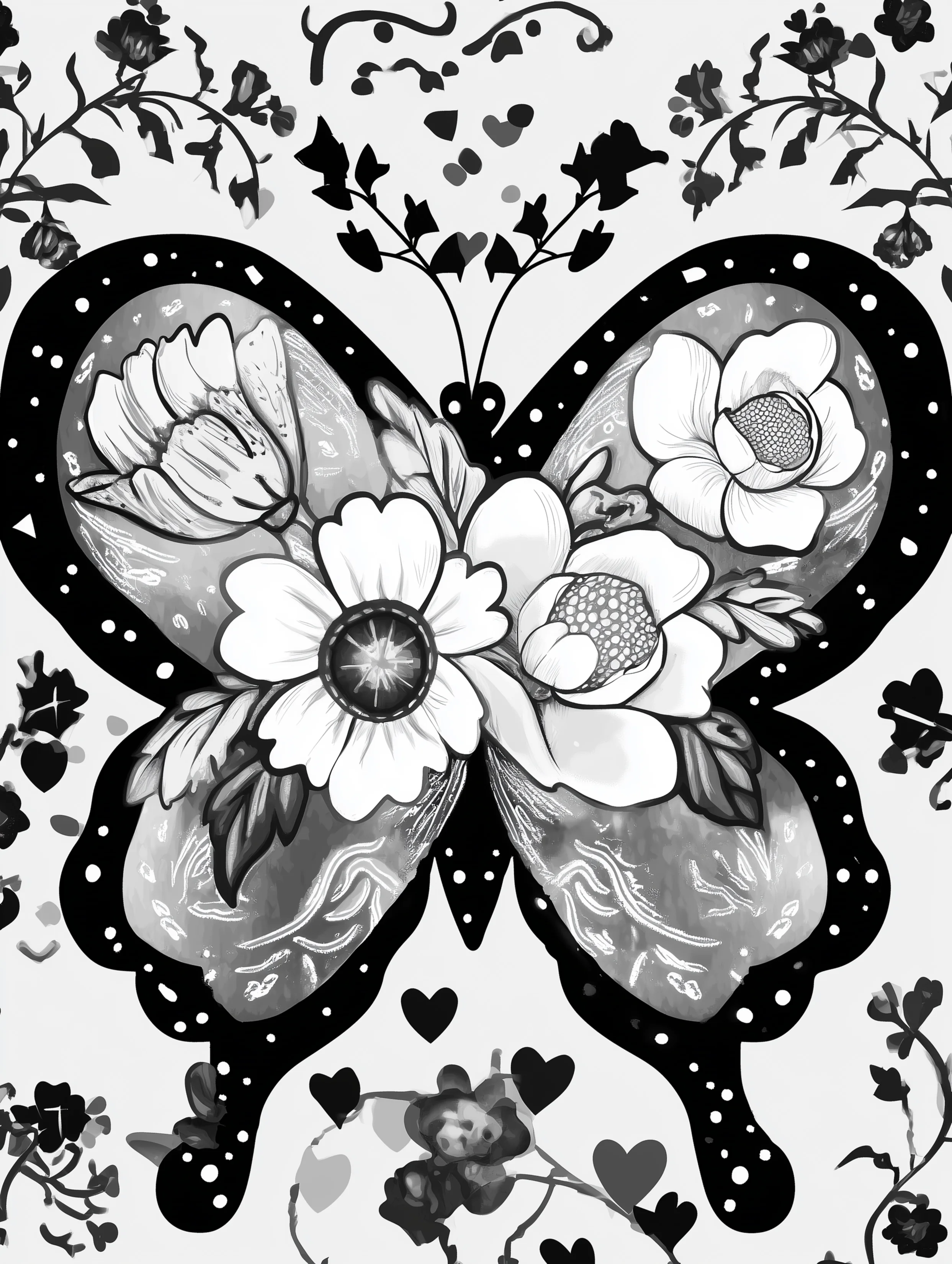 Free printable butterfly coloring page for adults featuring a floral butterfly with thick edges